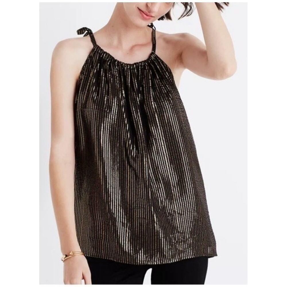 Madewell Silk Blend Metallic Gold Black Striped High Neck Tank Top Size 6